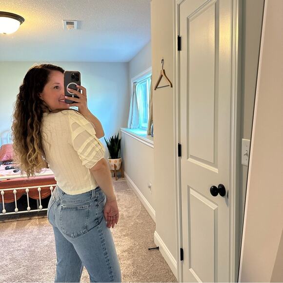 Sea New York Cream Pointelle Puff Sleeve Blouse Top Small - Picture 4 of 9